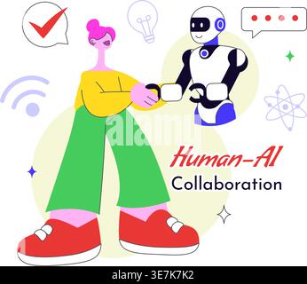 Human AI Collaboration Illustration With People And Robots Working Together, Digital Technology Innovation, Smart Automation and Future Workflow Stock Vector