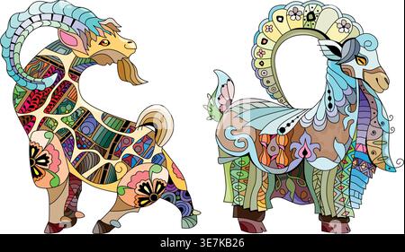 Set of decorative goats. Hand drawn decorative vector illustration Stock Vector
