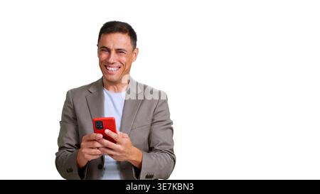 Happy man laughing using smartphone on transparent background Stock Photo