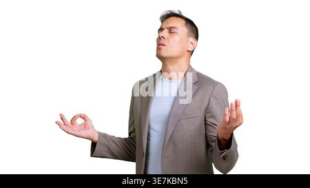 Businessman meditating for calm and relaxation with transparent background Stock Photo