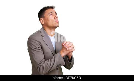 Man praying with concern, hoping for better future, transparent background Stock Photo