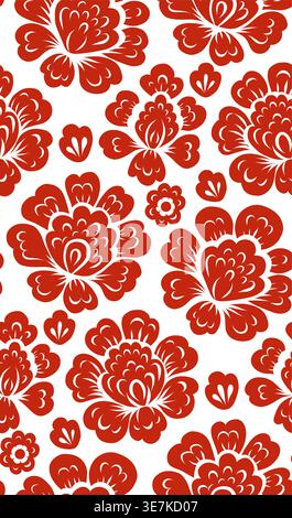 Vector seamless pattern red decorative flowers on white background. Floral folk art texture. Tracery background with poppies for wallpaper and wrappin Stock Vector