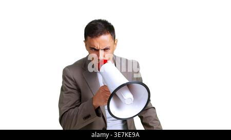 Man shouting into megaphone making an announcement Stock Photo