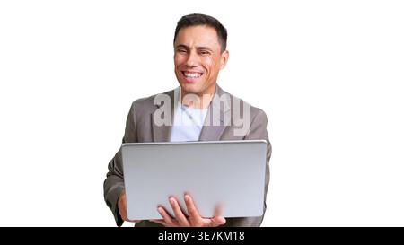 Professional man standing smiling holding laptop transparent background Stock Photo