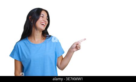 Happy woman pointing finger showing something transparent background Stock Photo