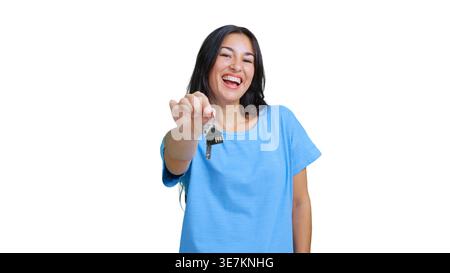 Happy woman holding new house keys smiling Stock Photo
