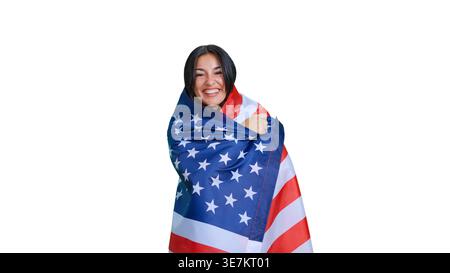 Joyful woman embracing American flag on transparent background Stock Photo