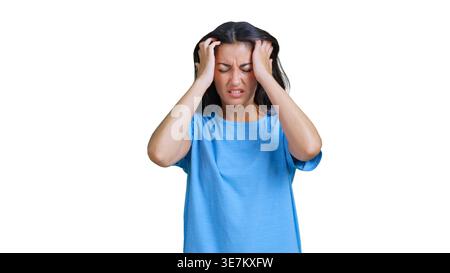 Young woman experiencing severe headache pain stress Stock Photo