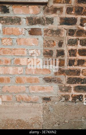 A wall shows various bricks in shades of red and brown, some worn down. The surface is rough and shows signs of wear. Sunlight highlights the texture Stock Photo