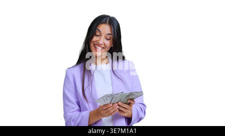 Happy woman holding money banknotes celebrating financial success Stock Photo