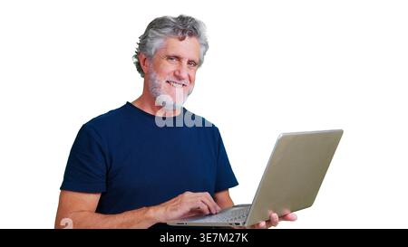 Smiling senior man holding laptop on transparent background Stock Photo