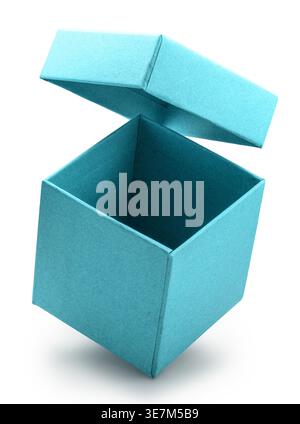Open empty blue gift box and lid floating above a box isolated on white background. File contains clipping path. Stock Photo