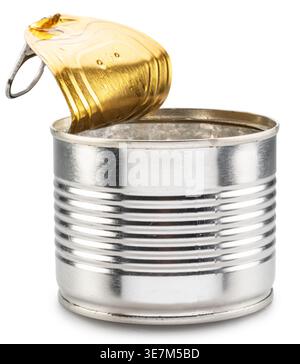 Opened steel can or tin can with ring-pull tab on white background. File contains clipping path. Stock Photo