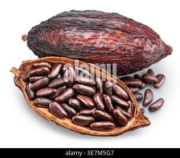 Cocoa pods with half a cocoa pod filled with cocoa beans isolated on white background. Clipping path Stock Photo