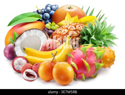 Collection of fresh exotic tropical fruits including pineapple, mango,  banana and others isolated on a white background. Clipping path. Stock Photo