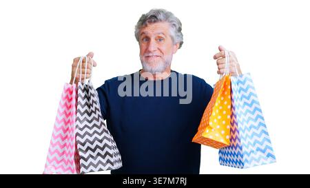 Mature man holding multicolored shopping bags transparent background Stock Photo
