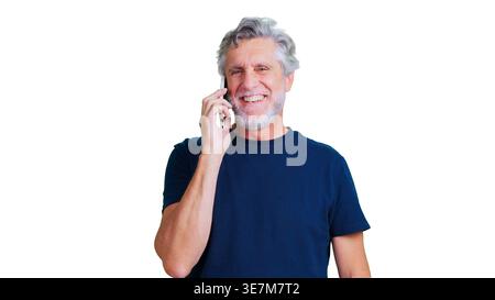 Happy senior man smiling talking on phone with transparent background Stock Photo
