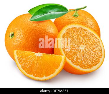 Orange fruits with halves of orange and orange tree leaves isolated on a white background. Stacking image with high resolution. Clipping path Stock Photo
