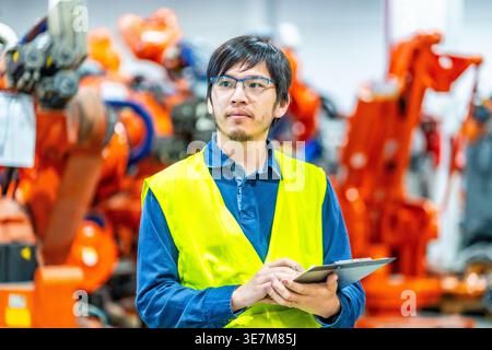 Asian man in green safety vest looking away holding clipboard while standing against automated manufacturing assembly line in factory Stock Photo