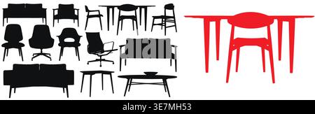 Furniture Silhouettes Set, Chairs, Tables, Sofa, and Home Interior, chairs and tables Stock Vector
