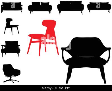 Silhouette Vector Set of Chairs and Sofas with Highlighted Red Chair, Modern Furniture Design Concept, ande and Sofa Silhouette Collection Stock Vector