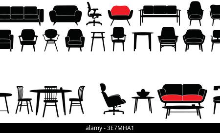 Collection of Furniture Silhouettes Including Chairs Tables Sofas and Office Seating, set of chairs and tables Stock Vector