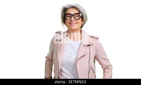 Senior woman with glasses smiling and looking confident Stock Photo
