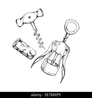 Winged, T-shaped corkscrew wine opener tools, cork. Ink vector illustration hand drawn for bar equipment icon, winery branding, sommelier guides, wine Stock Vector