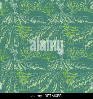 Green agricultural land vista, grapevine or orchard fields landscape, Mediterranean flora, cedar pine, fig trees in seamless ink hand drawn pattern Stock Vector