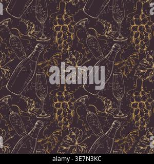 Sparkling champagne drink bottles, elegant flute glasses with bubble fizz, grape clusters and leaves. Seamless pattern ink vector illustration hand Stock Vector