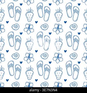 Seamless pattern with blue line art flip flop strawberry hibiscus flower and seashell for summer beach textile and vacation apparel design Stock Vector