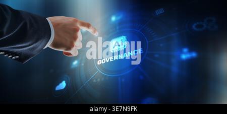 A businessman interacts with a glowing AI icon on a futuristic digital interface dashboard. Stock Photo