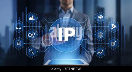 IP technology concept with finger touching digital network dashboard and connected infrastructure analytics icons. Stock Photo