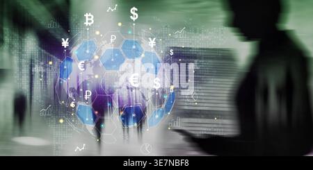 Global Financial Technology Network with Digital Currency Symbols and International Finance Data Visualization. Stock Photo