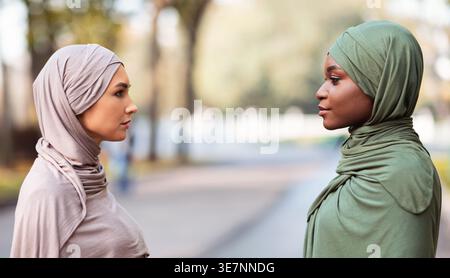 Black and Middle Eastern women wearing hijabs looking at each other while standing in city park during daytime Stock Photo