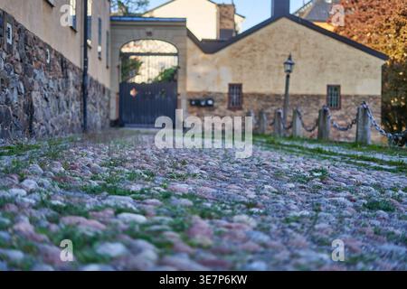 Low-angle perspective of a historic cobblestone street with shallow depth of field, focusing on the textured stone pavement with patches of grass Stock Photo