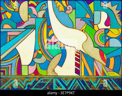 Jay Van Everen (American, 1875–1947) - Abstract Painting - 1926 -  The work is considered Synchronist, a style focusing on the use of color to define form and create a sense of movement. The composition features bold geometric shapes and vibrant colors surrounding a central, stylized white bird form. Stock Photo