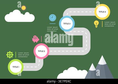 Winding Roadmap Infographic with Four Steps and Mountain Background Vector Illustration Stock Vector