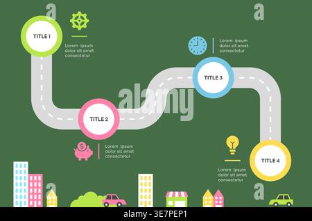 Roadmap Infographic with Four Steps and Cityscape Vector Illustration Stock Vector