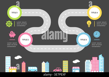 Roadmap Infographic with Four Steps and Urban City Vector Illustration Stock Vector