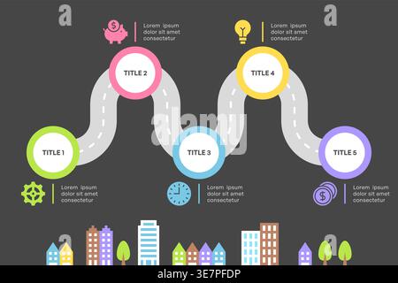 Roadmap Infographic with Four Steps and Urban City Illustration Vector Stock Vector