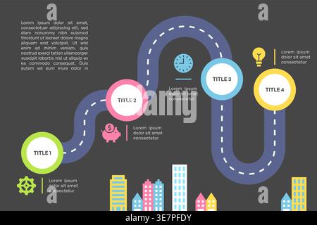 Roadmap Infographic with Three Steps and Colorful Houses Vector Illustration Stock Vector