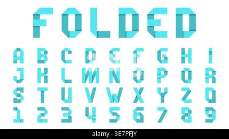Blue Folded Paper Alphabet Font Vector Illustration with Origami Style Geometric Letters and Numbers on White Background Stock Vector