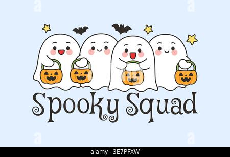 Adorable Halloween Ghosts Holding Pumpkin Buckets Spooky Squad Vector Illustration Stock Vector