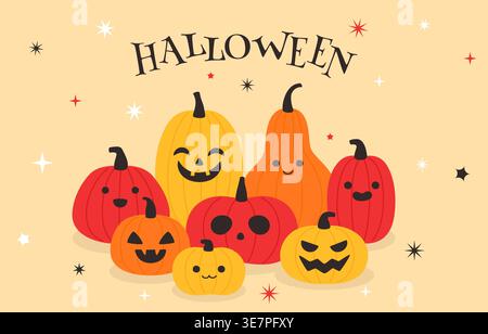 Halloween Pumpkin Family with Smiling Faces Vector Illustration Stock Vector
