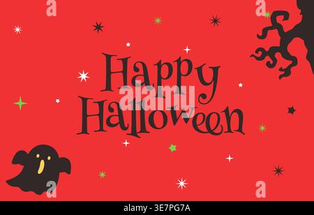 Happy Halloween Text with Stars and Ghost on Red Background Vector Illustration Stock Vector