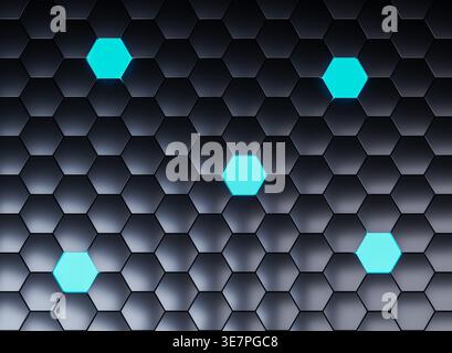 Futuristic black hexagonal grid with glowing blue cells and soft shadows Stock Photo