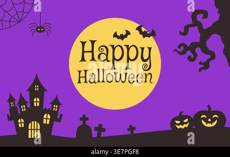 Happy Halloween Haunted Castle with Spider on Purple Background Vector Illustration Stock Vector