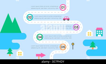 Colorful Roadmap Infographic on Light Blue Background with Car and Icons Vector Illustration Stock Vector
