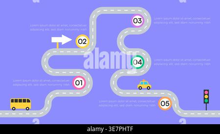 Colorful Winding Road Infographic with Milestone Markers and Vehicles Vector Illustration Stock Vector